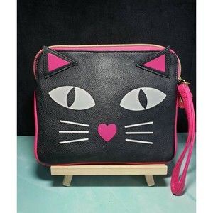 Betsey Johnson Purse Hand Bag Meow Wristlet Vegan Leather Cat Kitty GUC Pink